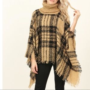 Tan & Black Plaid Stripe Turtleneck Poncho